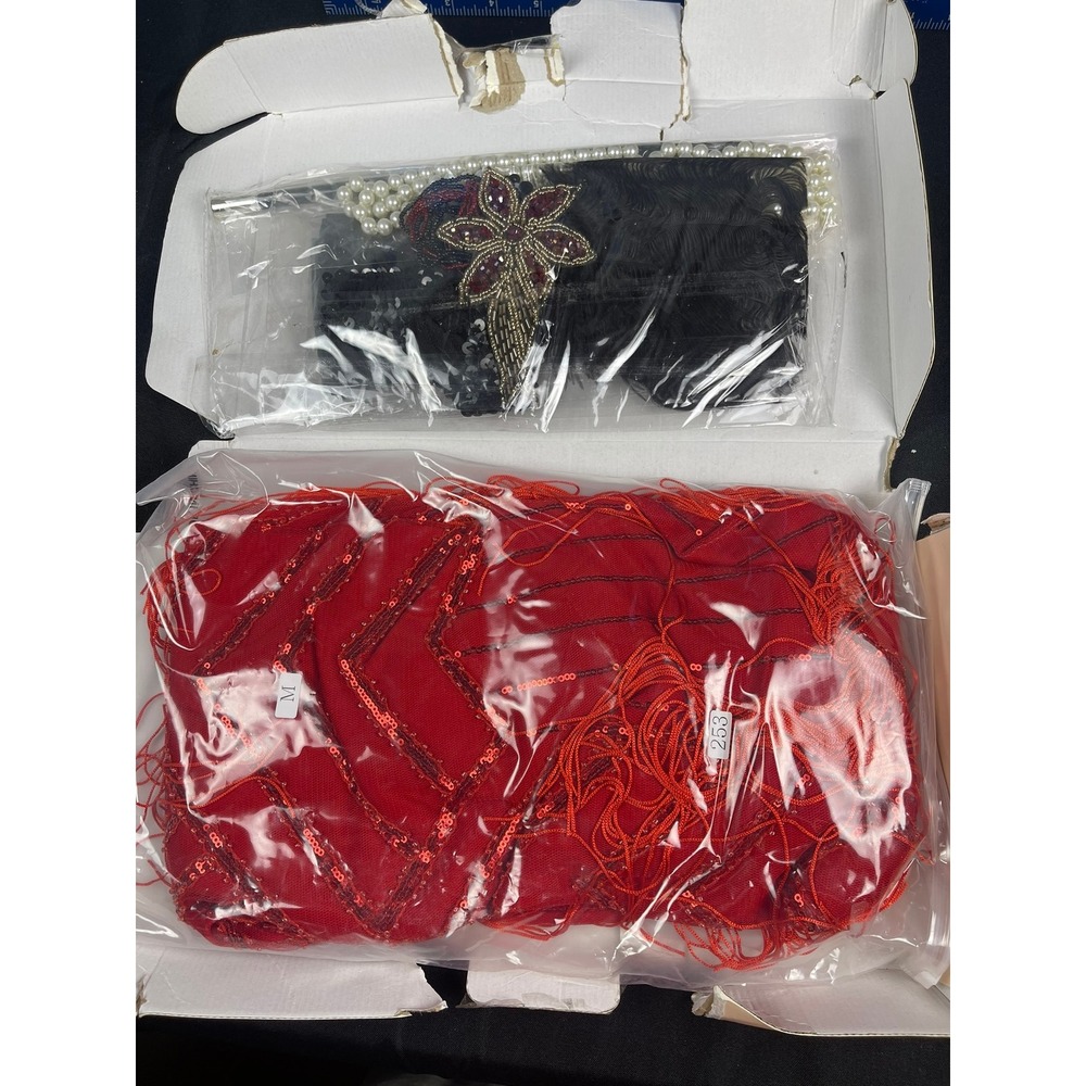 SWEETV Red Sequin Flapper Dress Set 1920s Great Gatsby Costume Accessories Med